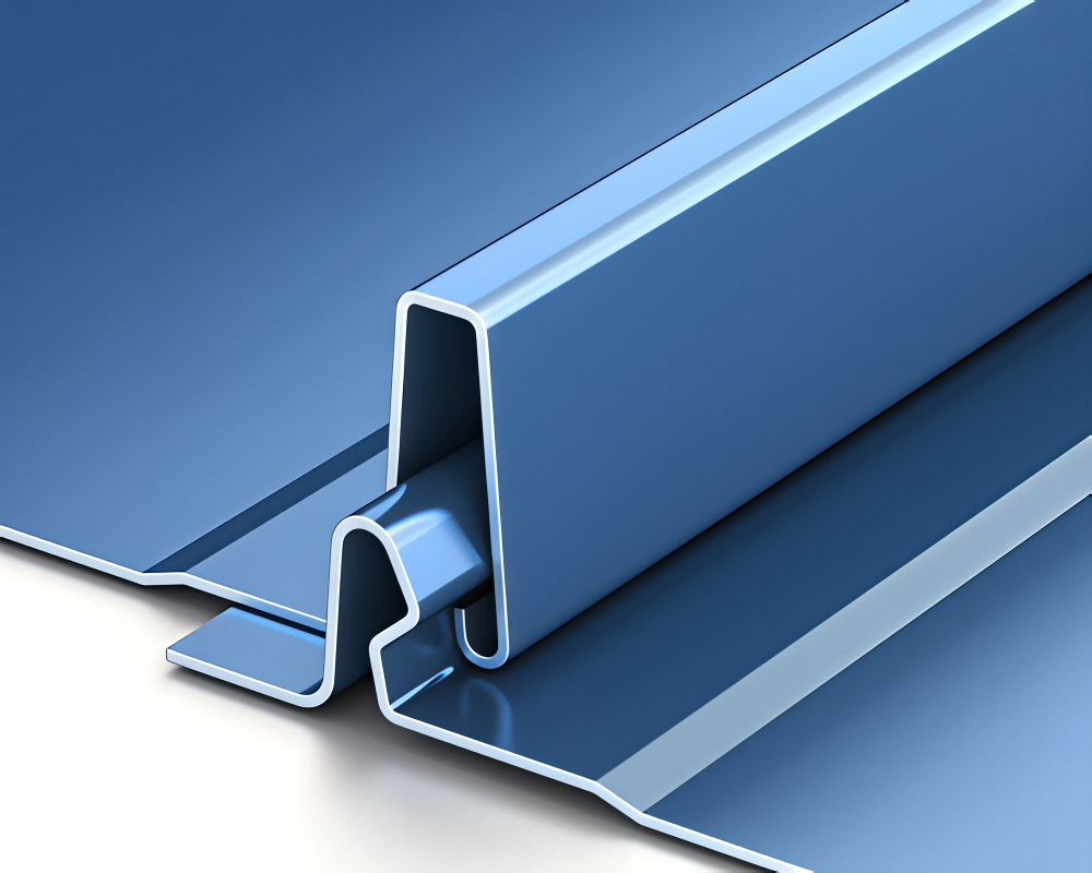Close-up profile detail of a 1.5 inch nail strip standing seam metal roof and wall panel showing the integrated nail strip flange