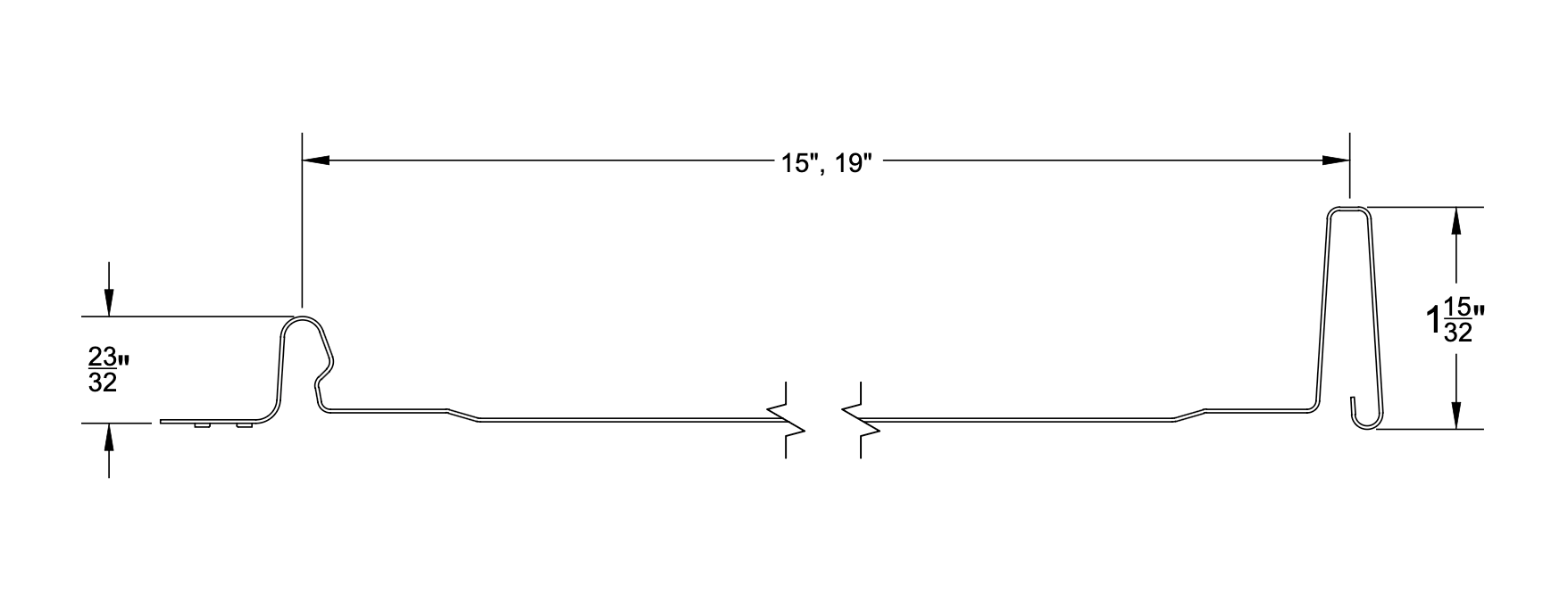 Profile drawing of 1.5 inch nail strip standing seam metal roof and wall panel with 15 and 19 inch panel width options