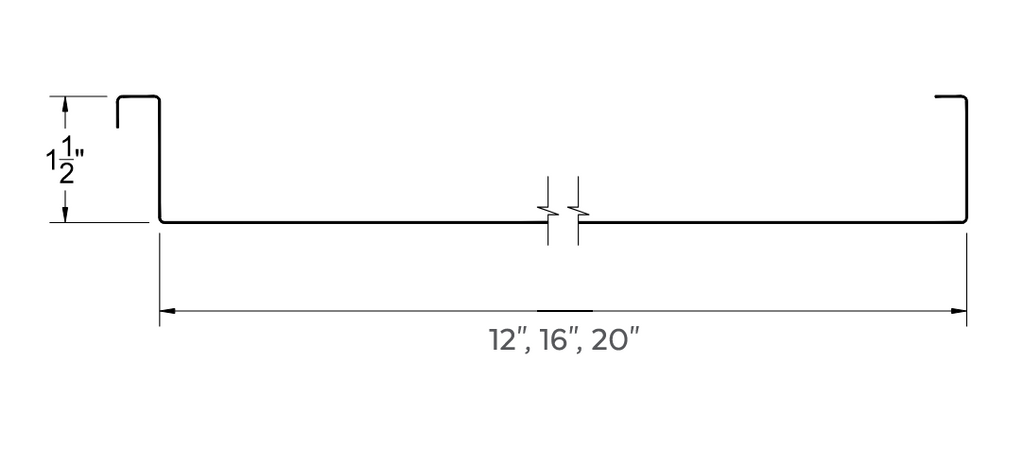 Profile drawing of 1.5 inch mechanical lock standing seam panel with 12, 16 and 20 inch width options