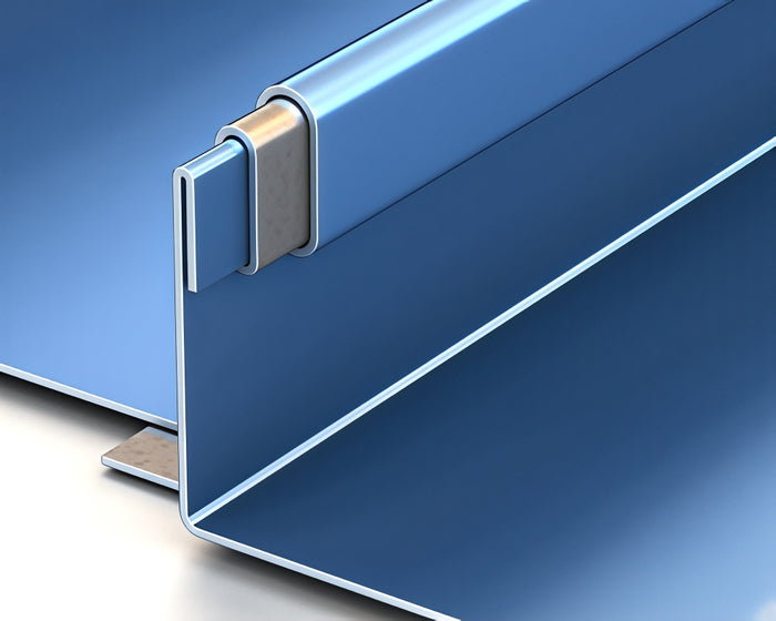 Close-up of 2 inch mechanical lock standing seam metal roof panel with concealed clip fastening system and 180 degree double lock seam