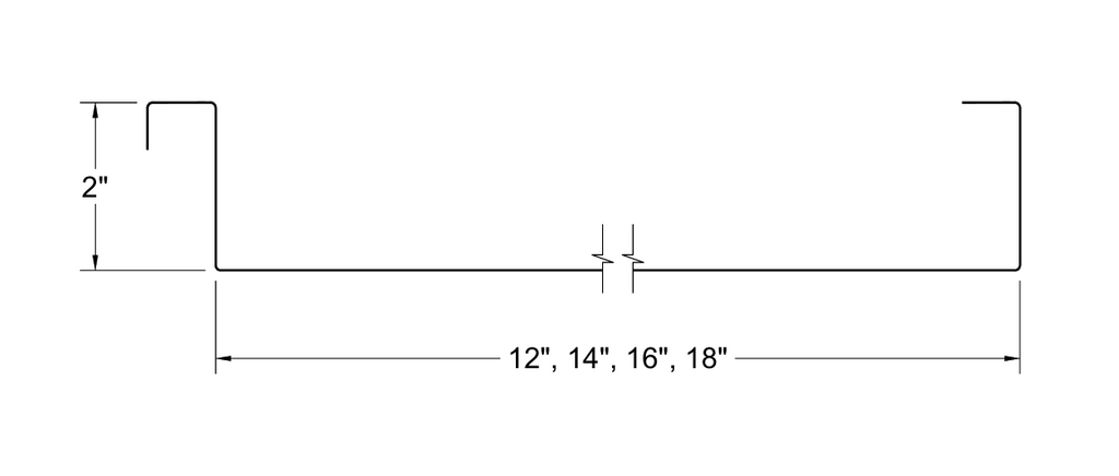 Profile drawing of 2 inch mechanical lock standing seam panel with 12, 14, 16 and 18 inch width options