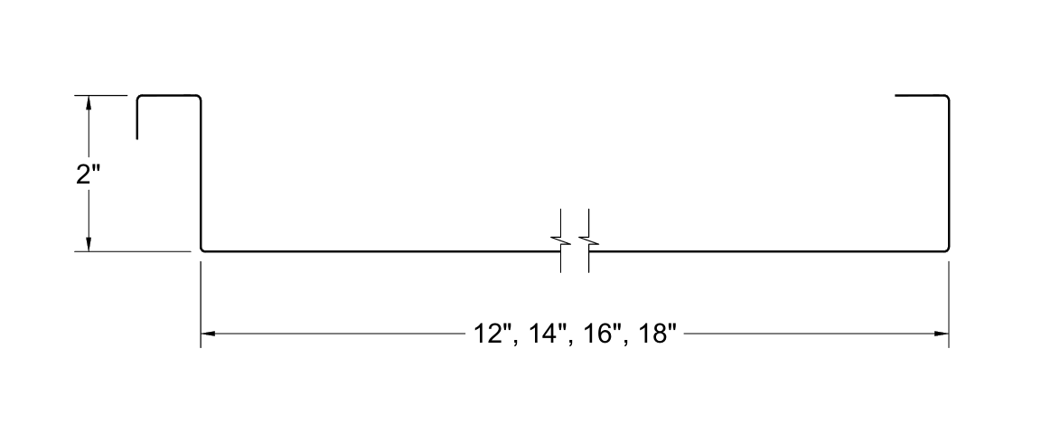 Profile drawing of 2 inch mechanical lock standing seam panel with 12, 14, 16 and 18 inch width options