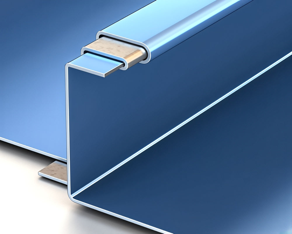 Close-up of 2 inch mechanically seamed standing seam metal roof panel with 90 degree single lock seam
