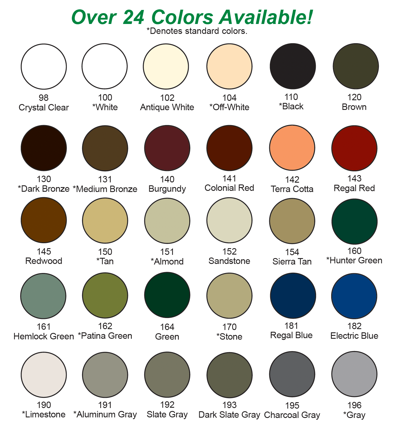 APS 500 sealant color chart showing over 24 available colors