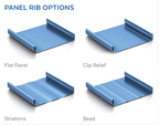 Standing seam metal roof panel rib options including flat panel, clip relief, striations and bead