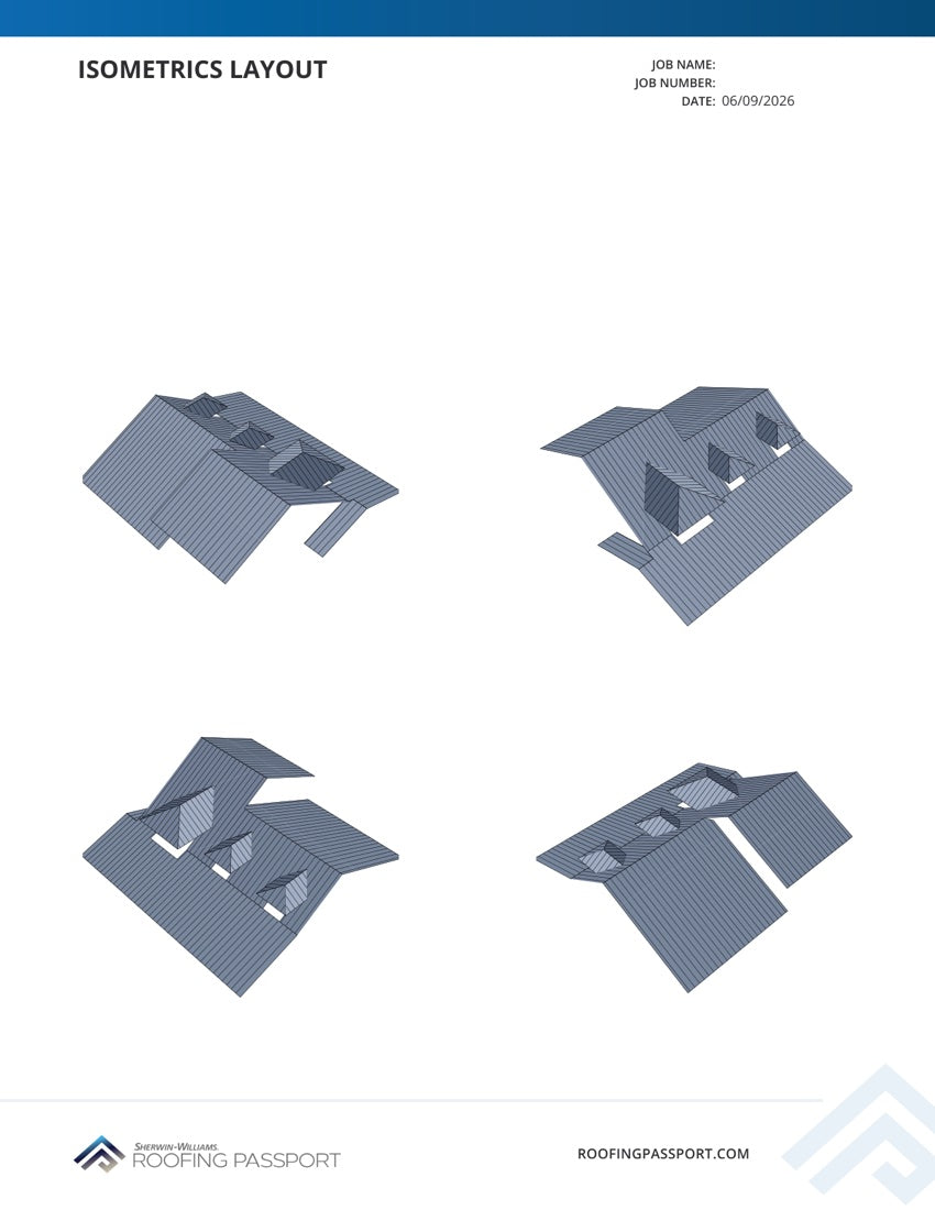 Sample takeoff report — 3D isometric roof views