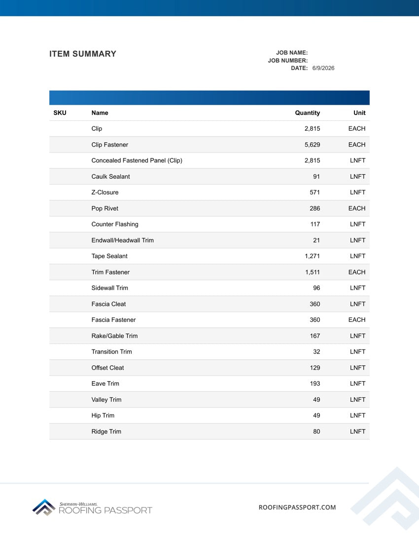 Sample takeoff report — itemized material list